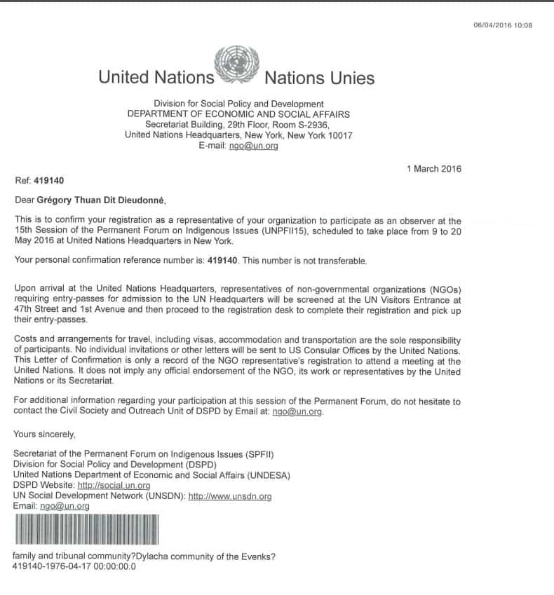 ME GRÉGORY THUAN DIT DIEUDONNÉ A PARTICIPÉ AU 15ÈME FORUM PERMANENT DES NATIONS UNIES À NEW YORK SUR LES DROITS DES PEUPLES INDIGÈNES - Participation of Me Grégory Thuan dit Dieudonné in the 15th Permanent Forum of the United Nations